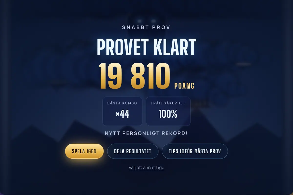 Resultatskärm efter snabbt prov: 19 810 poäng, bästa kombo ×44 och träffsäkerhet 100 procent